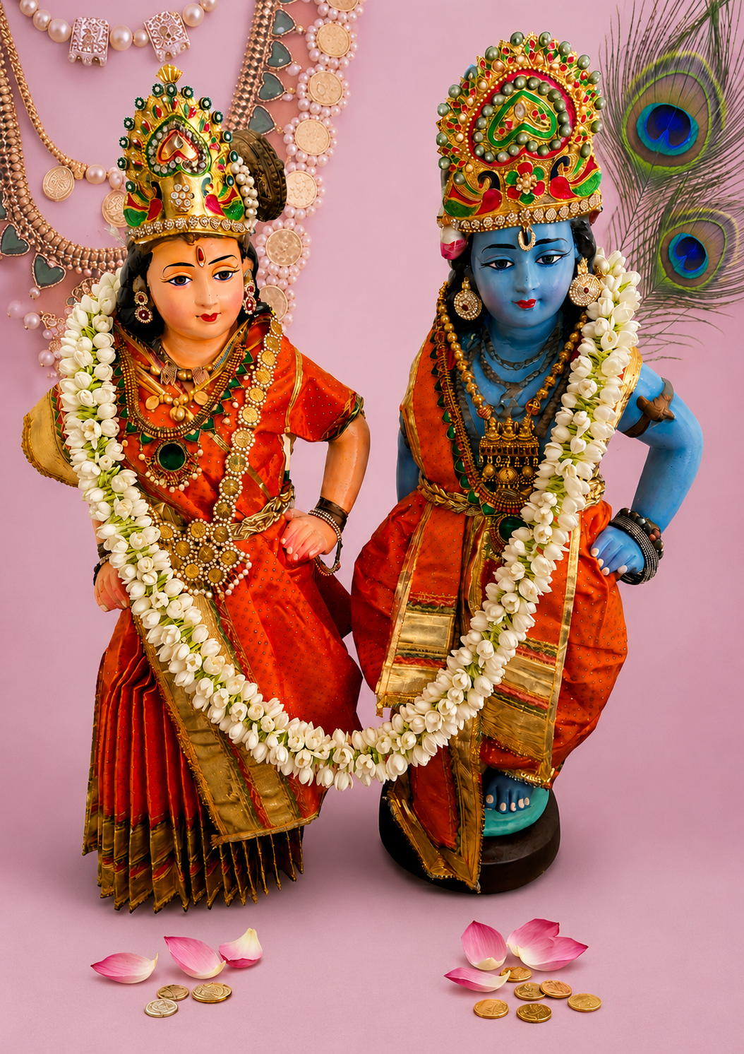 Radha and Krishna adorned in saffron and gold